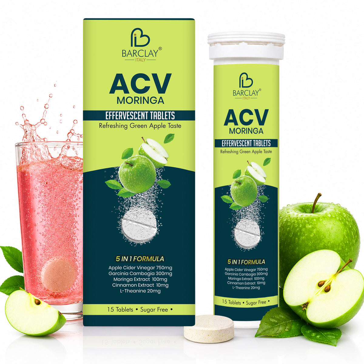Barclay Italy ACV Moringa Effervescent Tablets | Apple Cider Vinegar 750 mg, Garcinia Cambogia 300 mg & Moringa Extract 100 mg | Sugar-Free | Craving Control & Weight Management Support