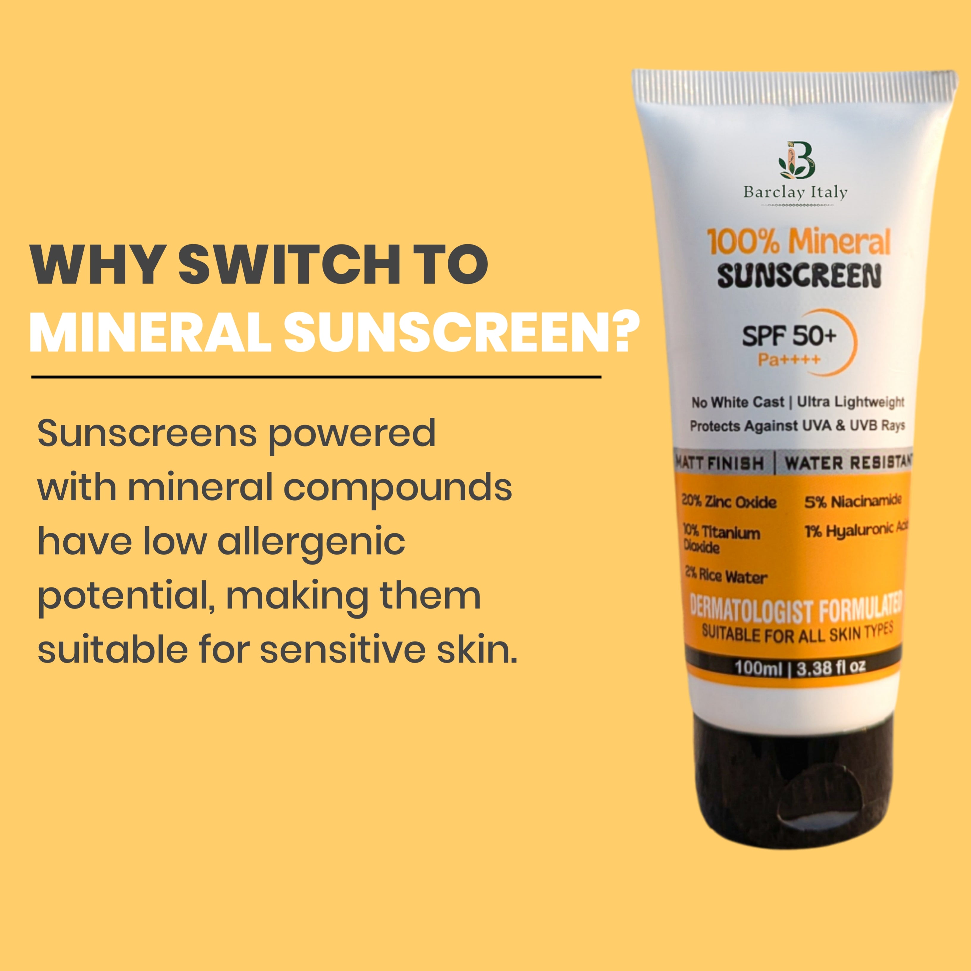 100% Mineral Sunscreen SPF 50+ Oil-Free, Matte, No White Cast