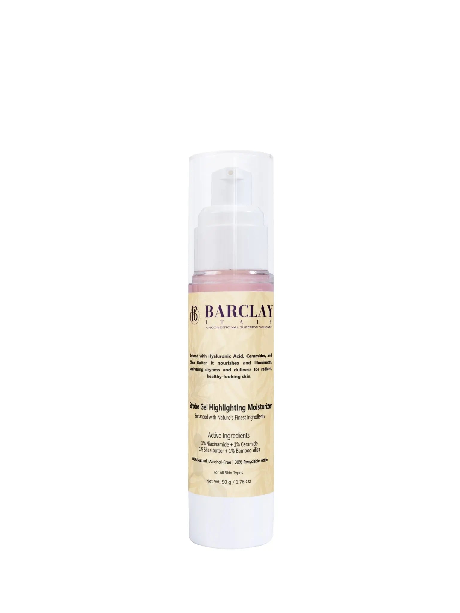 Strobe Gel Moisturizer 1% Niacinamide, Ceramide, Shea Butter, and Bamboo Silica, 100% Natural, Alcohol & Sulfate-Free, Men & Women 48hr Hydrating gel. - Barclay Italy